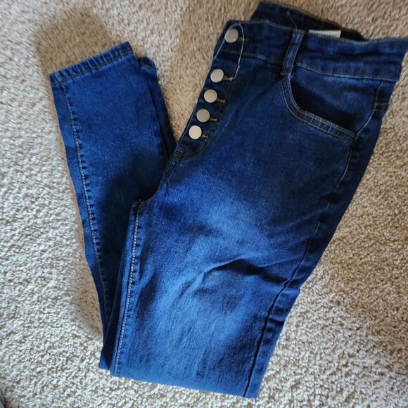 Womens/Juniors Button Down Jeans Petite Dark Wash Large - Picture 1 of 4